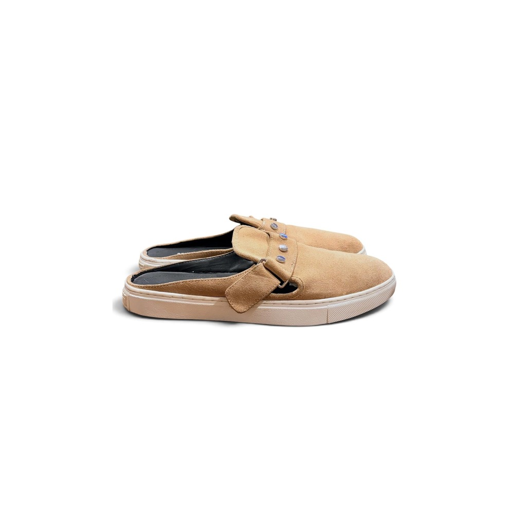 Rebecca Minkoff Suede Studded Mule Sneakers Women 8.5 Tan Beige Buckle Flats - Picture 4 of 7